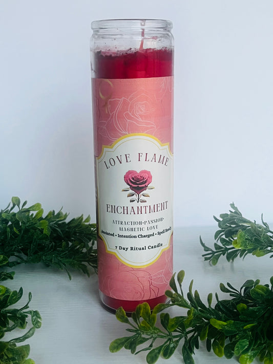 Love Flame Enchantment - Ritual Candle with Rose Quartz and Herbs