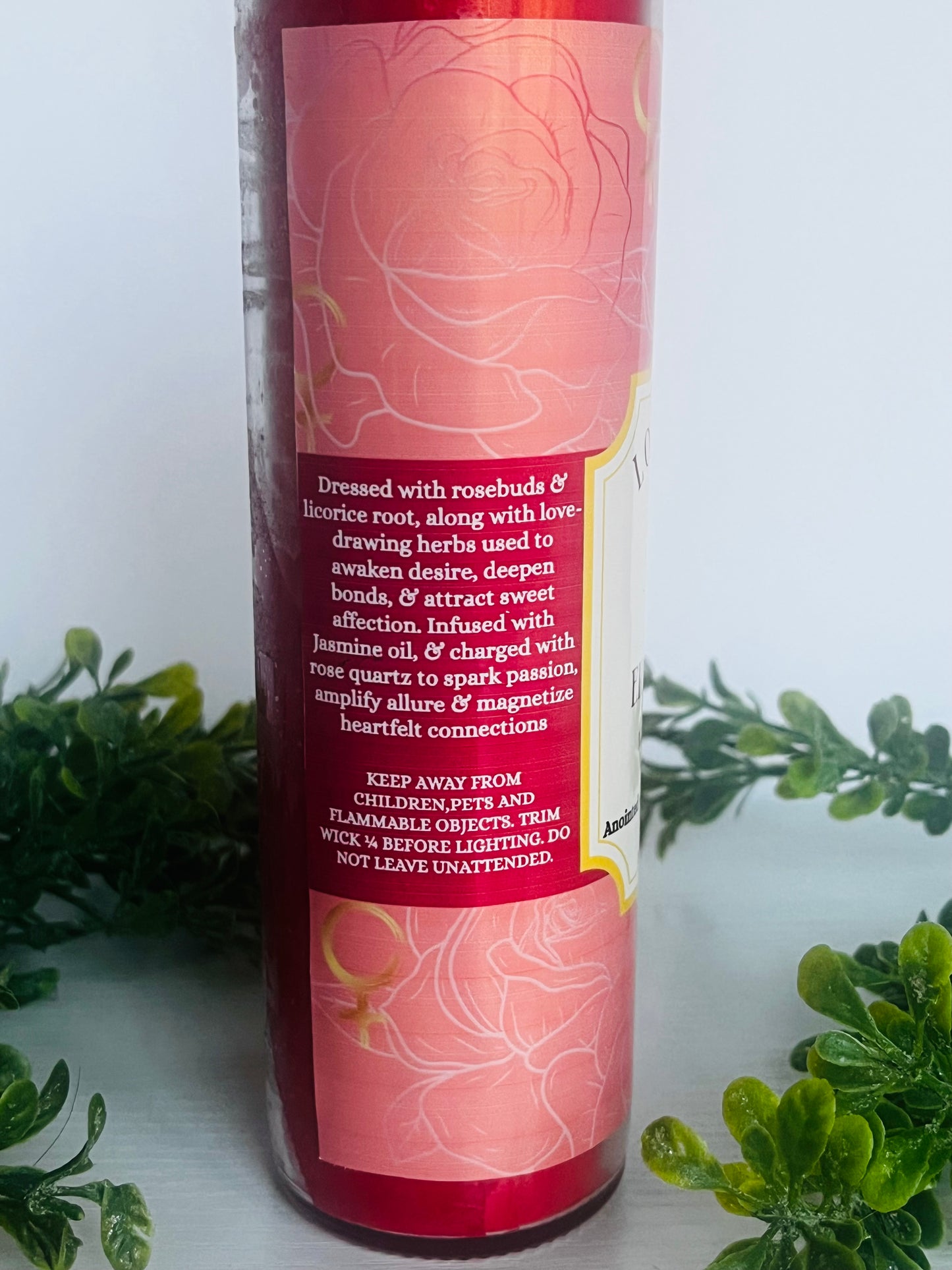 Love Flame Enchantment - Ritual Candle with Rose Quartz and Herbs