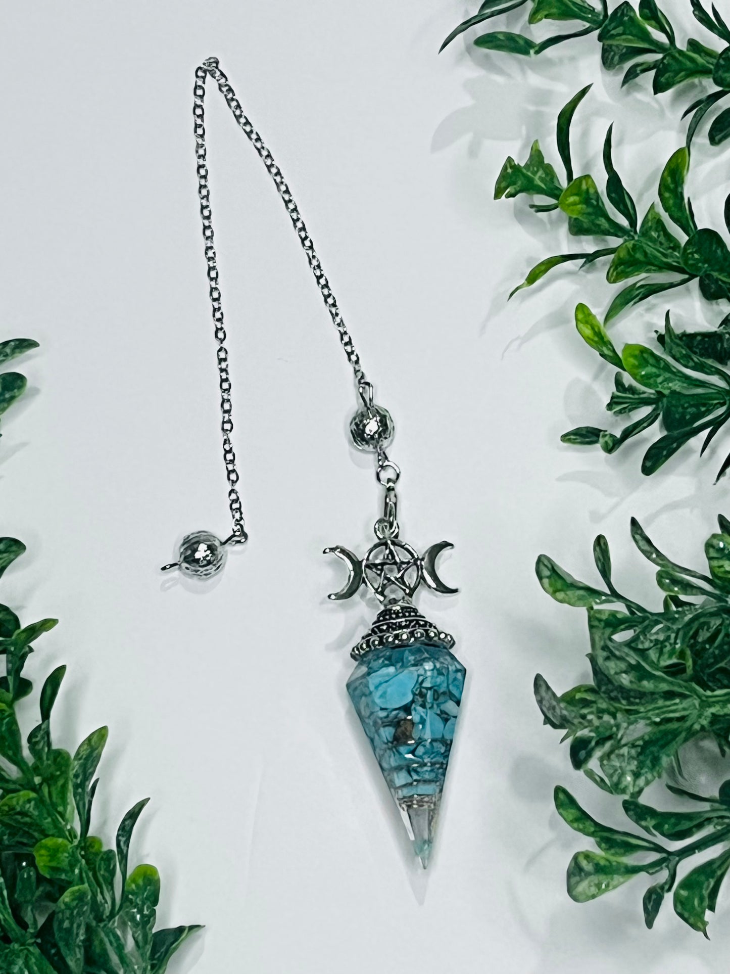 Turquoise Chip Pendulum with Copper & Triple Moon Charm